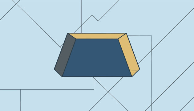 Geometric composition featuring a central blue and gold trapezoid shape against a background of intersecting lines and blue shades.