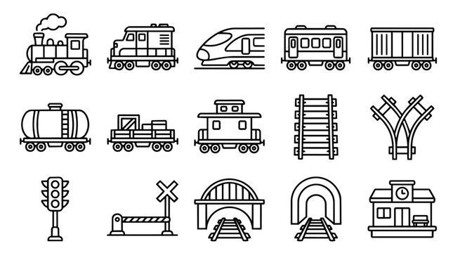 Set of train and railway transportation outline icons