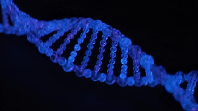 Detailed 3D rendering of a glowing blue DNA double helix structure highlights molecular science in a dark laboratory setting.