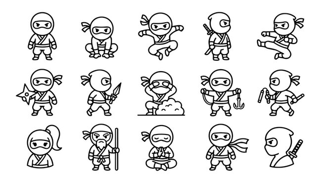 Collection of cute little ninja characters in different poses
