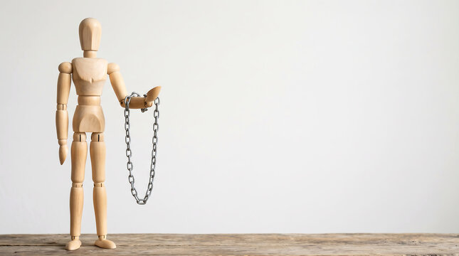 Employee performance bottlenecks and operational constraints wooden mannequin holding metal chain loop conceptual photography with copy space for corporate human resources presentation slide banner