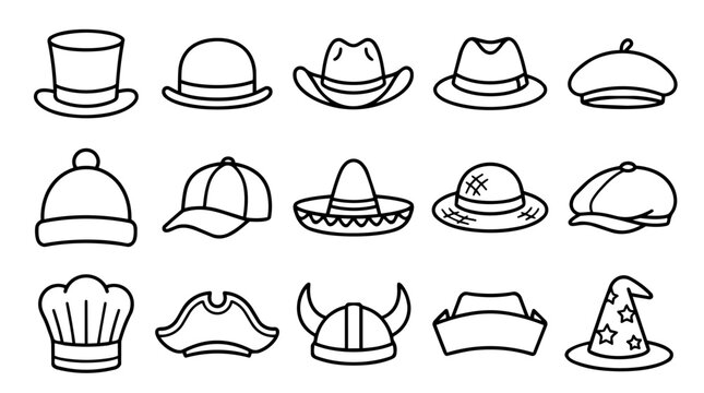 Set of various hats outline drawings
