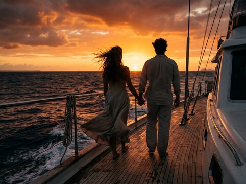 Couple Holding Hands on Sailboat at Sunset