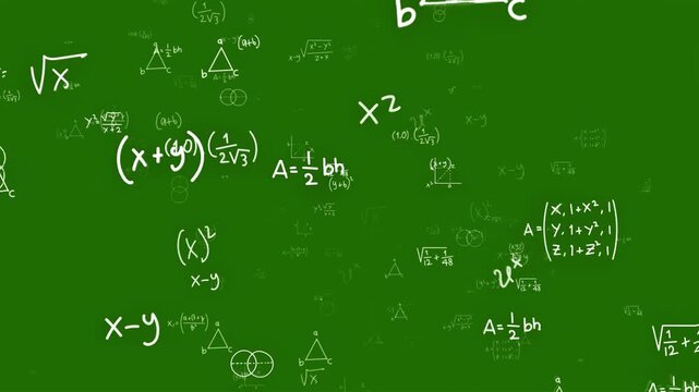 Mathematical formulas and geometric shapes on a green chalkboard background
