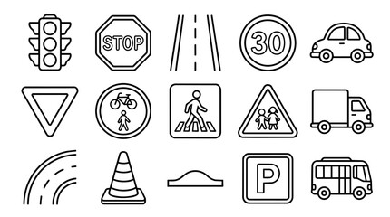 Fototapeta premium Set of Road Traffic Signs and Vehicle Outline Icons