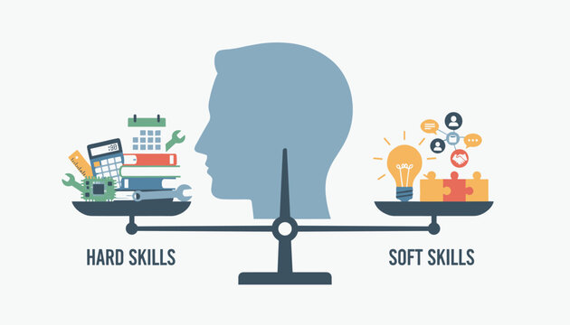 Head silhouette between scales balancing technical hard skills and interpersonal soft skills for career growth.