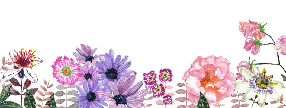 Sfondo con fiori misti multicolore ad acquerello, composizione floreale, illustrazione isolata su sfondo bianco
