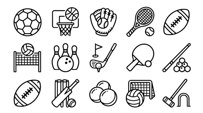 Diverse sports equipment outline icon set