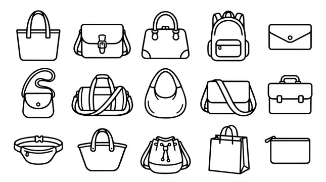 Collection of various outline bag and purse icons