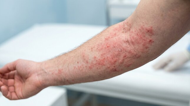 Nahaufnahme eines Arms mit starkem allergischen Hautausschlag, R&ouml;tungen und juckendem Ekzem. Medizinischer Hintergrund in einer Klinik, Konzept f&uuml;r Dermatologie, Hautkrankheiten und Allergiebehandlun