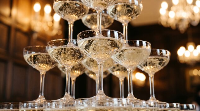  Close-up of a luxurious sparkling champagne tower made of crystal coupe glasses. Warm golden lighting and blurred elegant chandelier bokeh in a dark wood interior. Wedding reception and celebration