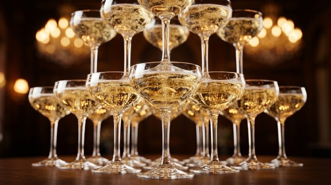  Detailaufnahme einer eleganten Champagnerpyramide aus funkelnden Sektschalen. Prickelnder Champagner mit warmem Kronleuchter-Bokeh im Hintergrund, in einem luxuri&ouml;sen Saal, menschenleer. Konzept f&uuml;r 