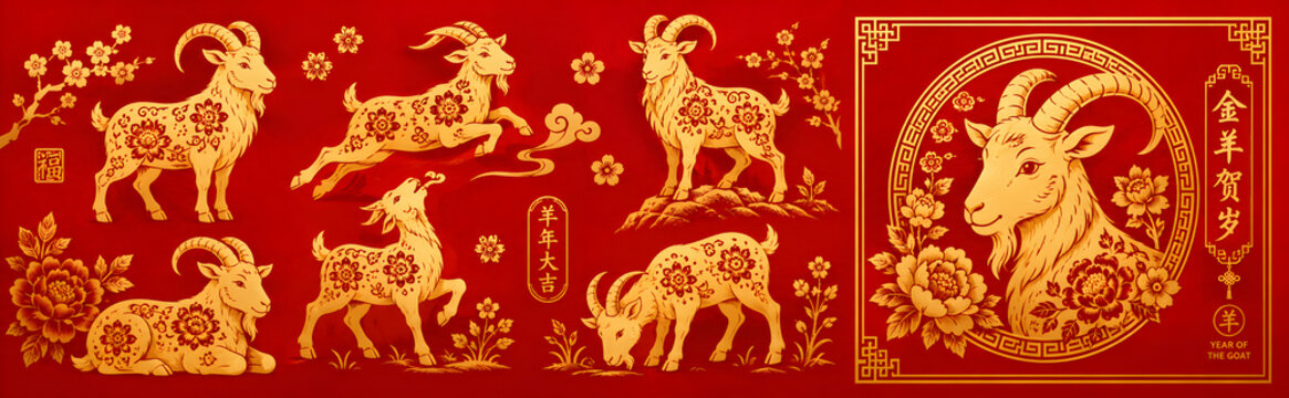 Happy Chinese New Year 2027 goat vector set. Red and gold zodiac animal collection with ornamental frames, lantern, flowers, firecrackers and festive Chinese decorative elements.