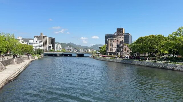 Hiroshima Japan, city view with the Ota River channels on sunny spring day