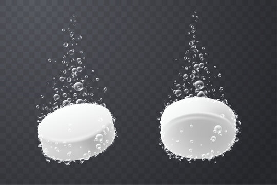 Realistic vector illustration of white effervescent tablets dissolving in water with rising bubbles. Pharmaceutical tablets Isolated on transparent background. Vitamins and nutritional supplements.