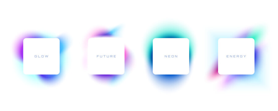Set of white rounded square text boxes with colorful neon glow effects. Futuristic minimal abstract frames with vibrant gradient light, and colorful luminous blur. Ideal for banner, poster, button