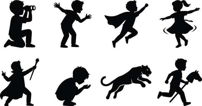 Playful children silhouettes with capes, dancing, hobby horse, binoculars, and leaping animal