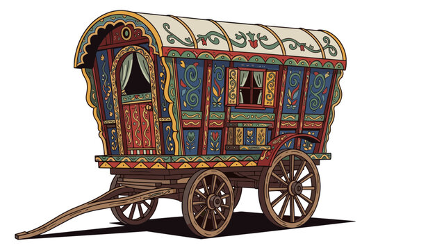 Ornate Gypsy Wagon with Colorful Decorations and Intricate Details