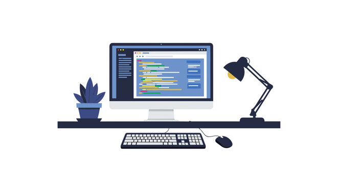Modern Computer Setup with Coding Software and Desk Lamp