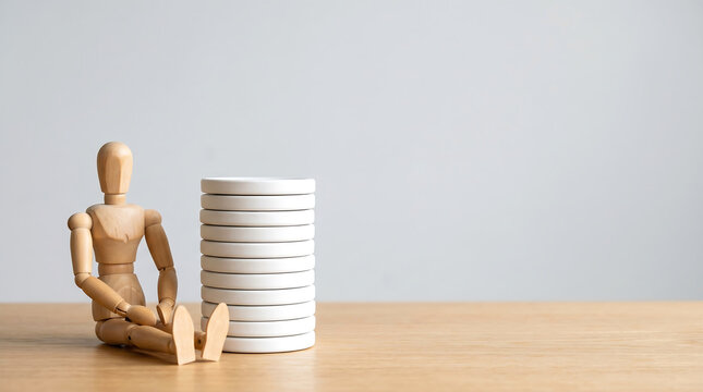 Employee performance benchmarking and KPI data tracking minimal sitting wooden mannequin with white discs stack concept and copy space for mid-year review presentation slide