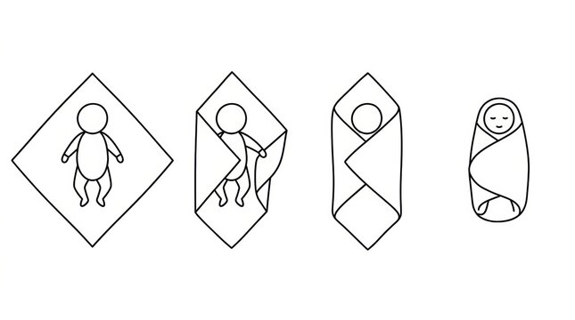Illustration shows a step-by-step swaddle technique for newborns during the first month with basic shapes and instructions.