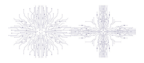 Circuit Board Pattern: Intricate circuit board patterns, resembling a digital network or futuristic design, create a visually striking symmetrical graphic on a clean background. © Vector By Thakur