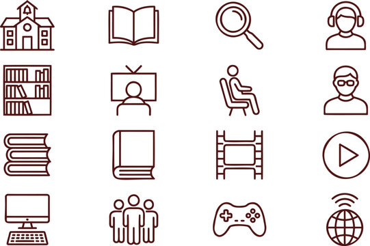 Collection of education and entertainment icons including books, computer and media player.