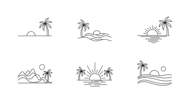 Tropical island line art icons with palm trees and sunset views for travel and tourism branding