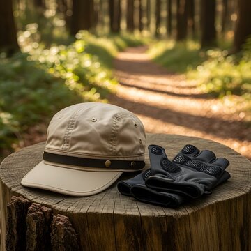 A tan canvas baseball cap and black cycling gloves rest on a wooden stump in a sundappled forest
