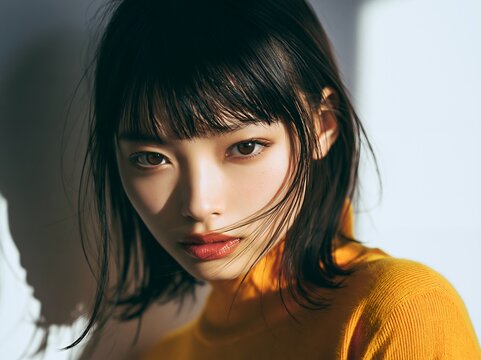 ドラマチックな光が当たる黄色の服を着た若い女性のポートレート