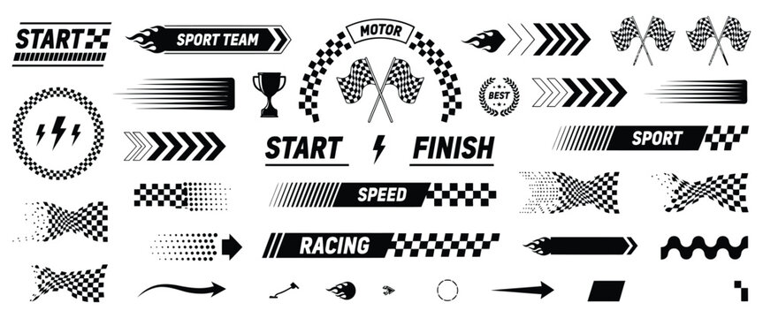 Racing Car Graphics Set Showcasing Sport Stripes Checkered Flags Dynamic Motion Elements and Motorsport Badge Designs