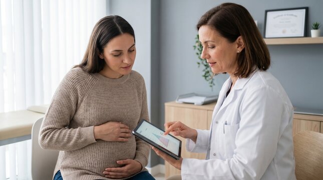 Prenatal Genetic Testing Consultation with Pregnant Woman Reviewing Screening Results with Healthcare Specialist