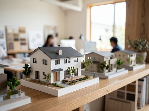 住宅模型を前に建築士らが築デザインを検討する職場