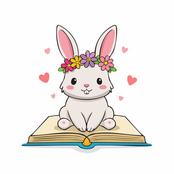Cute Bunny Wearing Flower Crown Sitting on Open Book