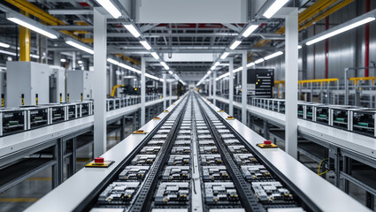 Fototapeta premium Automated electronics manufacturing line with conveyor belts and circuit boards