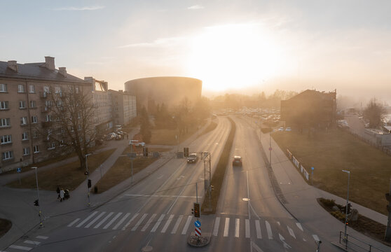 Early morning crossroads and NOSPR rotunda in Katowice, Poland