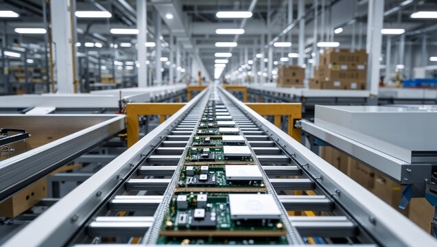 Automated assembly line for electronic circuit boards in a modern factory