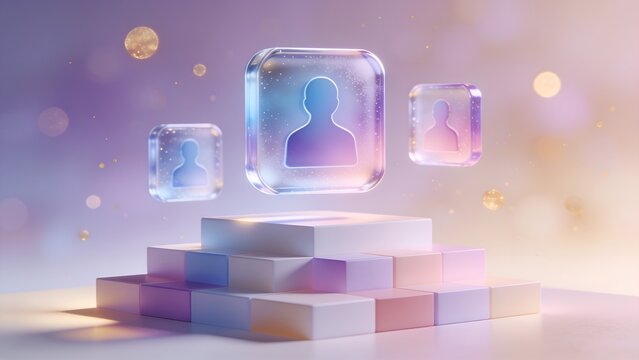 Three glowing glass user profile icons floating above a layered geometric platform with soft pastel lighting and bokeh effects in a modern high quality digital composition