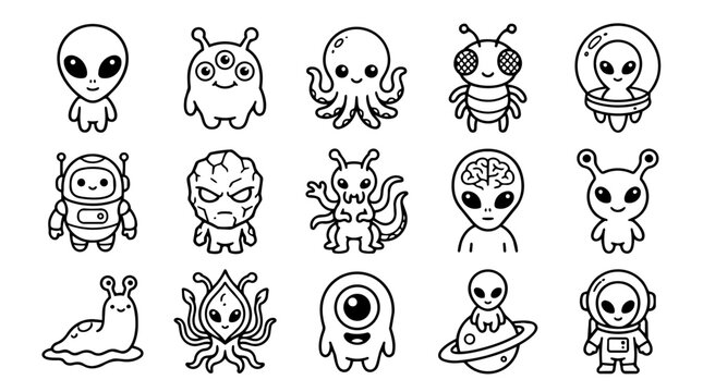 Cute cartoon alien creatures and space monsters set
