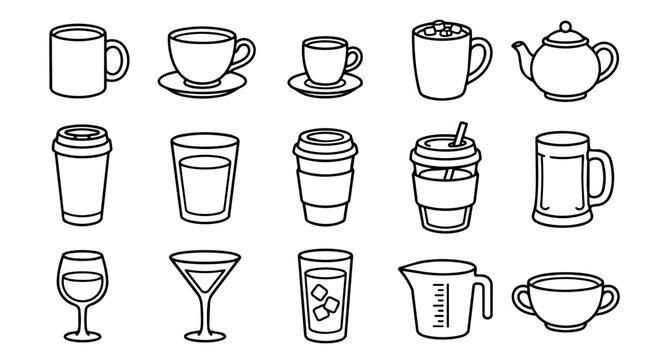 Outline icons set of various hot and cold drink containers