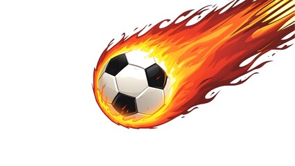 Fototapeta premium A soccer ball blazes with fiery intensity as it streaks through the air, representing powerful action and athletic prowess.