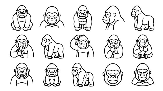 Set of gorilla and baby gorilla character icons with poses and emotion