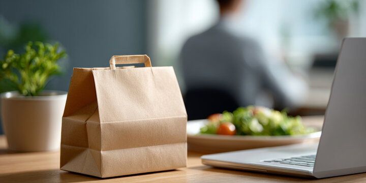 Brown paper lunch bag on wooden desk with blurred person working on laptop and fresh salad in background