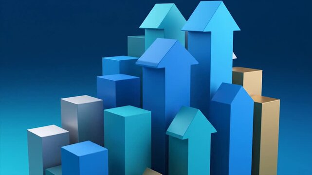 Miniature blue house model surrounded by oversized recycling bins and cardboard boxes on a gradient blue background illustrates sustainable living concepts.