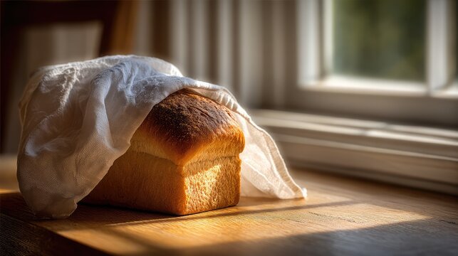 Freshly baked loaf of bread resting on a wooden surface near a window