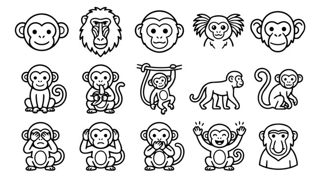Collection of cute outline monkey and primate icons