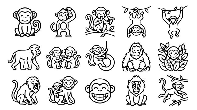 Cute cartoon monkey and ape outline characters set