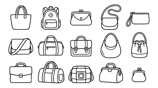 Outline drawings of different bags and purses