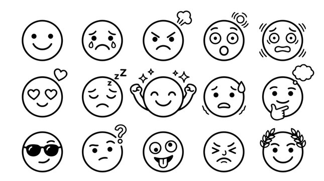 Black outline emoji faces expressing various emotions and moods