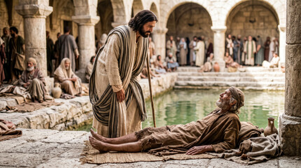 Naklejka premium Jesus speaking with a sick man beside a pool of Bethesda.